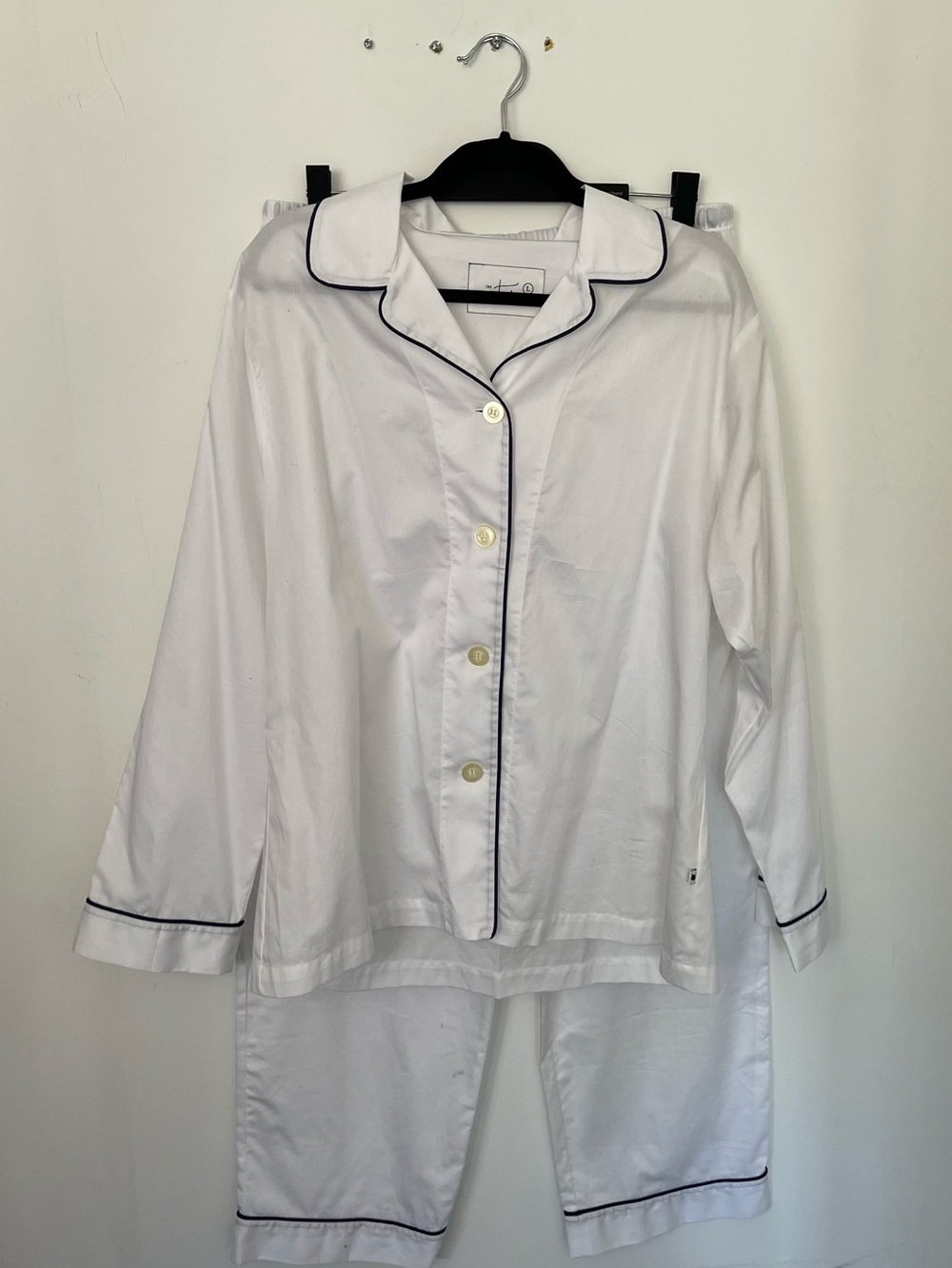 The Cat’s PajamasWhite Cotton Pajama Set with Navy Piping